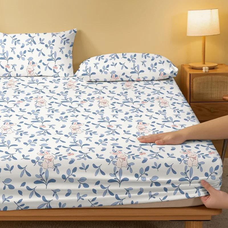 Cartoon 1 Cute Plant Flower Rabbit Printed Matte Fitted Sheet, Bedroom Printed Bed Cover, Bedding Excluding Pillowcases