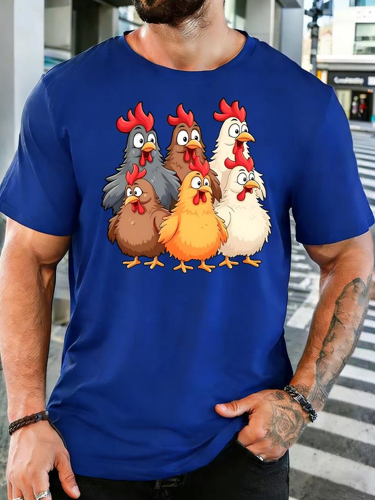 Unisex Colorful Chicken Group Cartoon Graphic Cotton Short Sleeve Tee Crew Neck Soft Male Summer Casual Breathable Street Top