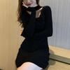Hollow Hip-Wrapped Short Skirt Autumn And Winter Spice Girl Long-Sleeved Retro Temperament Sexy Base Tight Little Black Dress Children