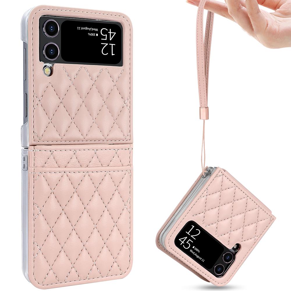 Premium Leather Z Flip 4 Case with Hand Strap and Card Slot for Samsung Galaxy Z Flip 4, Pink