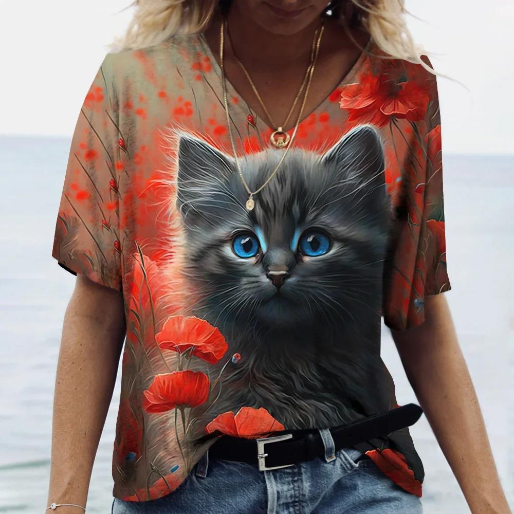 Kawaii Short-sleeved Tops 3D Painted Cute Cute Kitten Print T-shirt Short-sleeved V-neck Tops Harajuku Daily Tops Sweatshirts