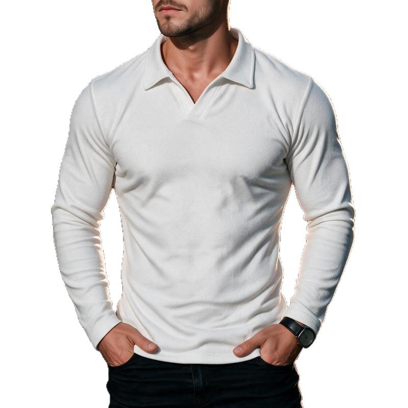 Men's Long Sleeve Polo Sweatshirt, Solid Color Athletic Casual Top, Polyester Spandex Blend