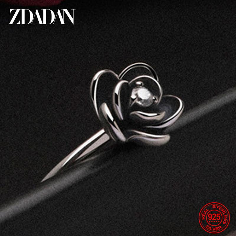 Anello Charm Fiore Rosa Nero Zircone in Argento Sterling 925 per Donna Moda Festa Gioielli Regalo Vendita all'Ingrosso