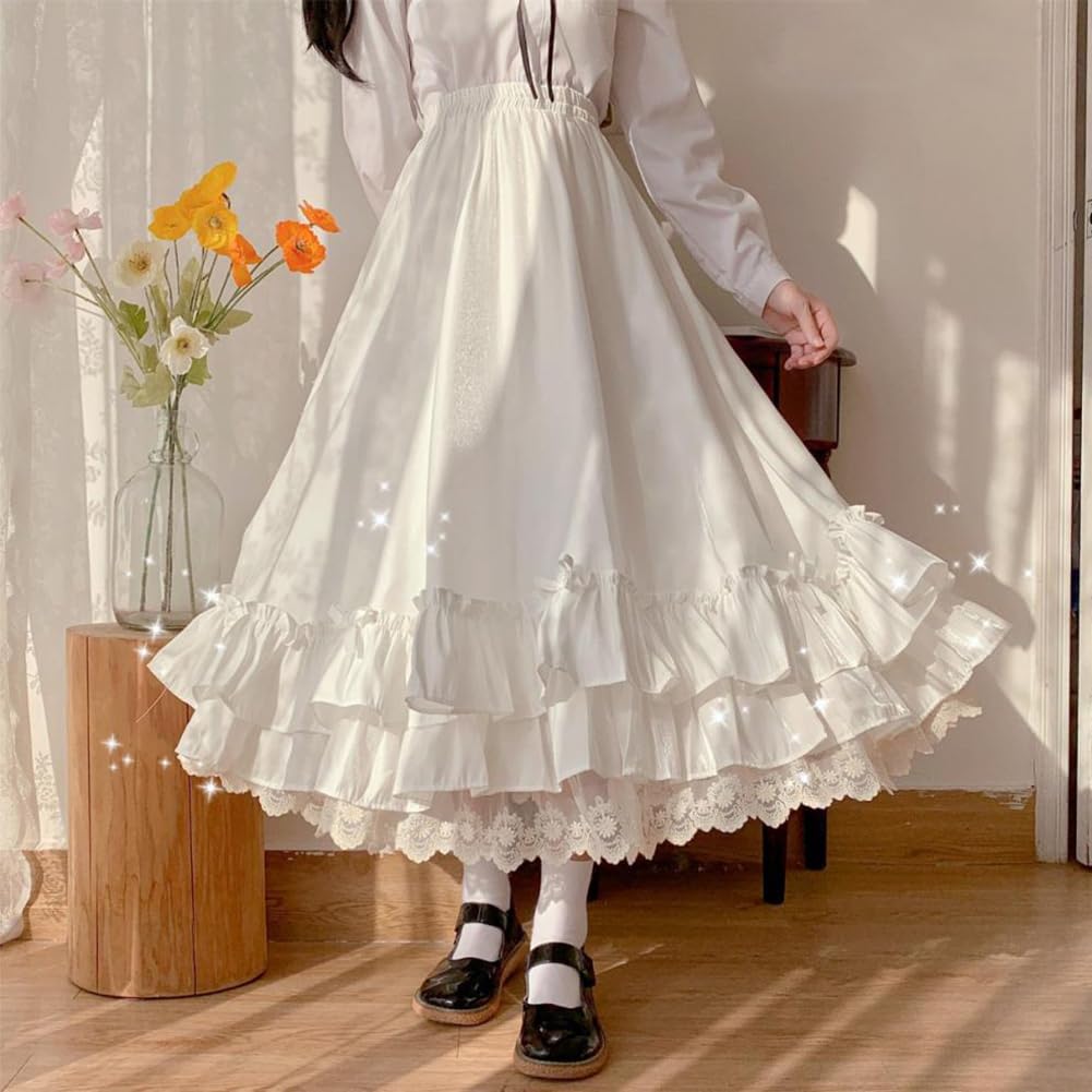Girls Fluffy Lolita Flared High Waist Lace Large Size Elastic School Skirt Cosplay Classical Princess School Style Everyday Wear Plain [KANO SEIKA]