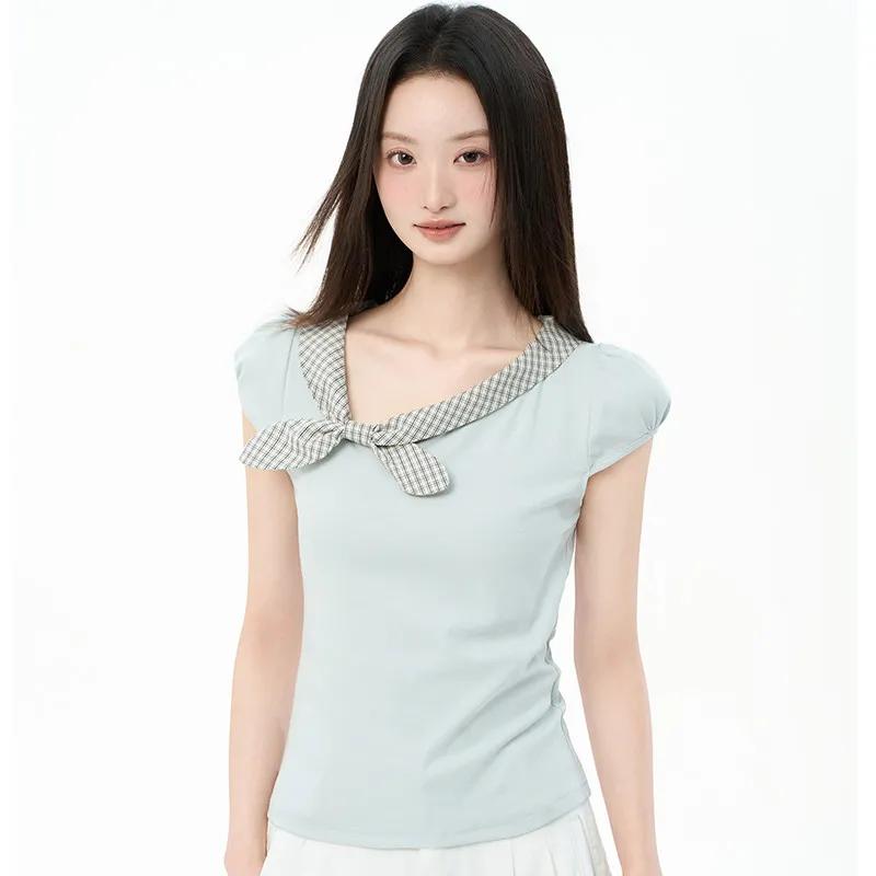 New Hot Girl Short-sleeved T-shirt for Women Slim Fit and Versatile Casual Bow Tie Pullover Elegant Top for Women