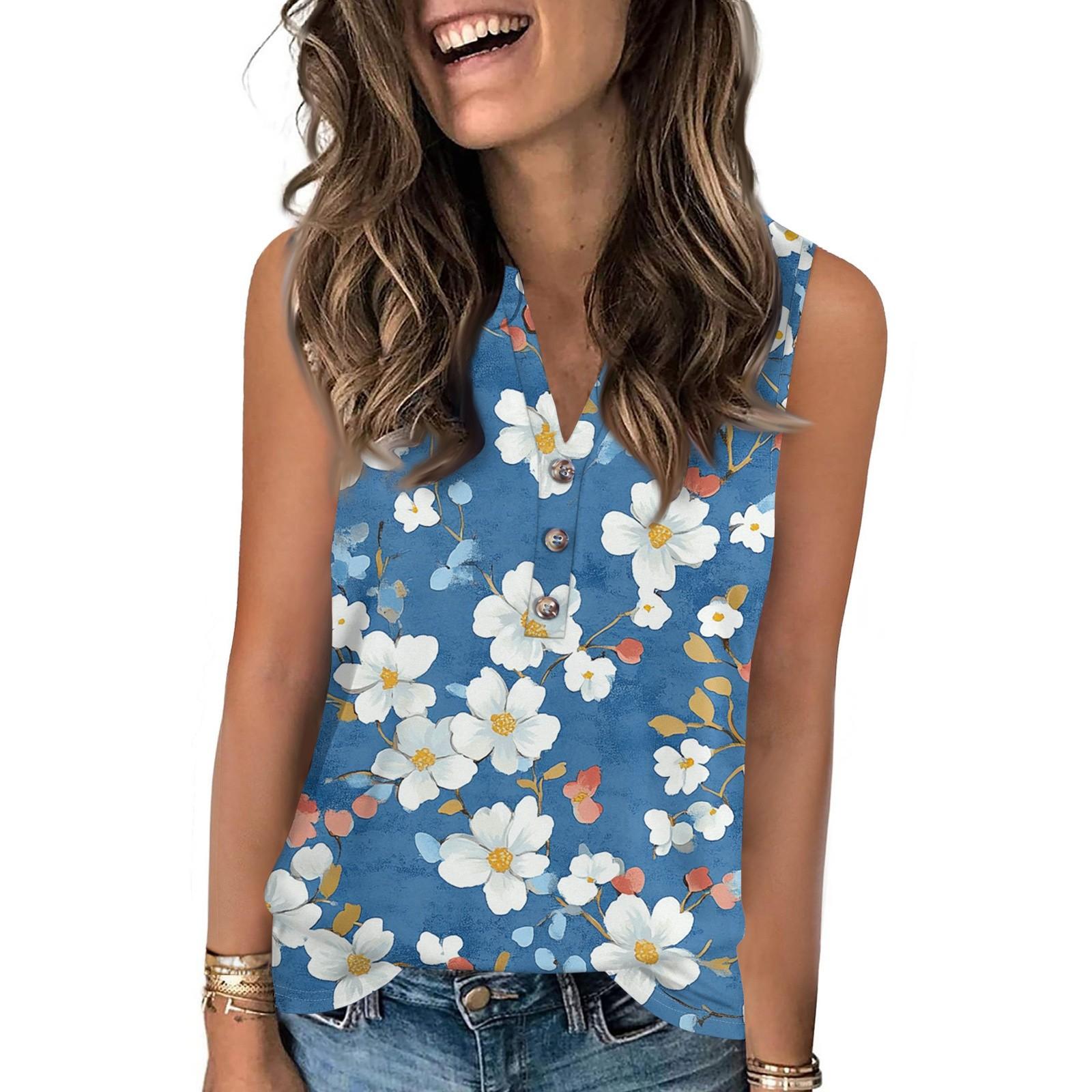 

Women s Casual Fashion Summer Floral Print Tank Top V-neck Sleeveless Button-down Top M
