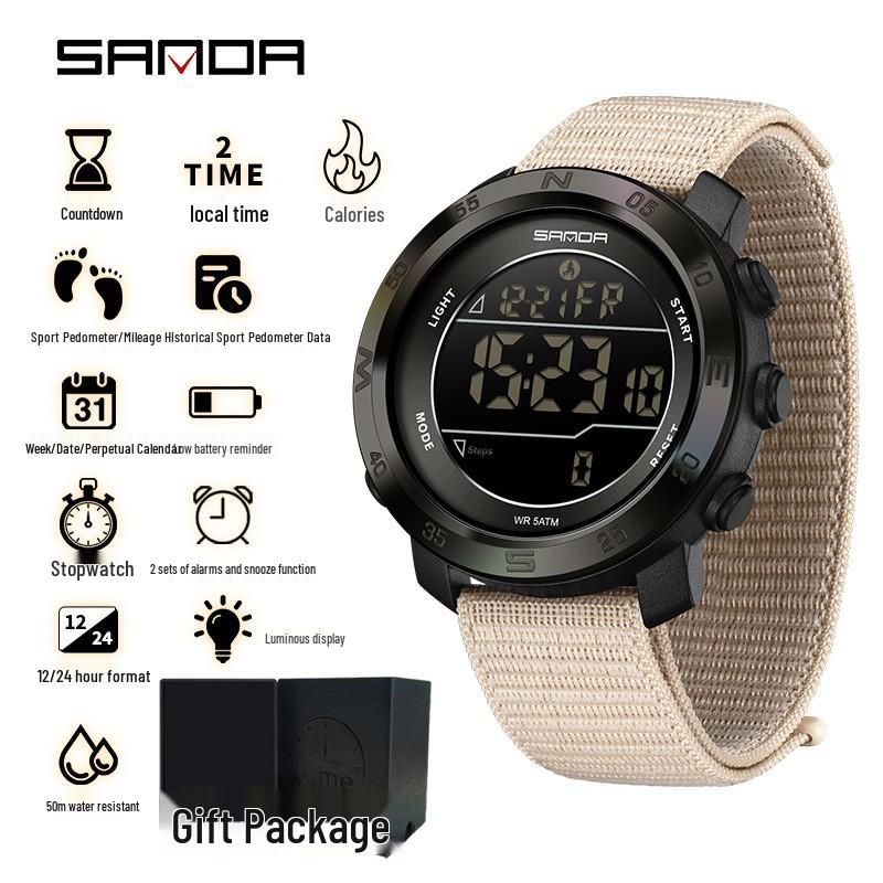 Sanda Sports Multifunctional Waterproof Pedometer Watch with Timer, Alarm, and Night Light