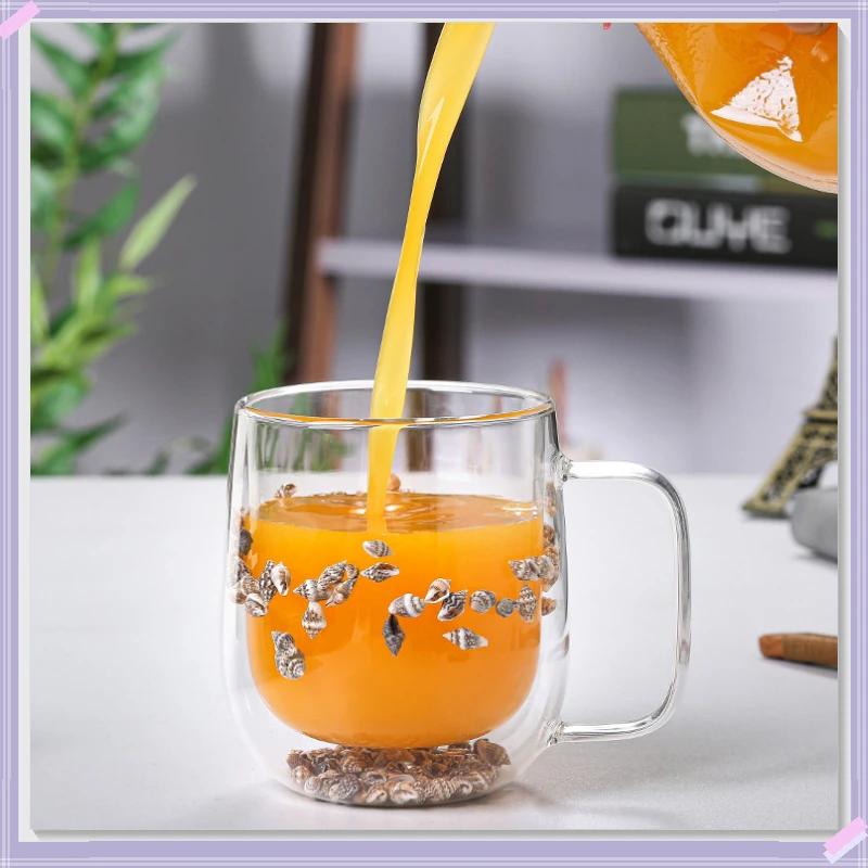 1pcs Creative Double Wall Glass Mug Cup with Dry Flower Sea Snail Conchs Glitters Fillings for Coffee Juice Milk Student Gifts