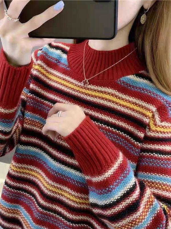 Women's 2023 Striped Wool Knit Sweater - Half-High Neck, Long Sleeve, Slim Fit, Thick for Autumn/Winter
