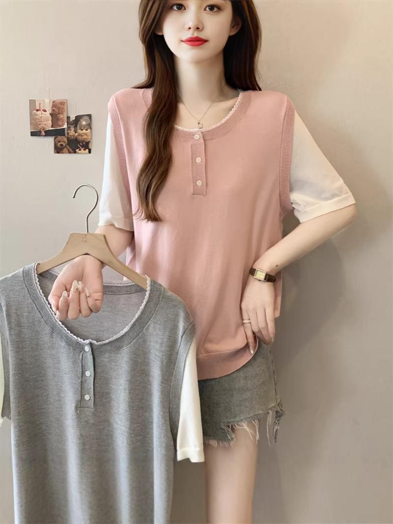 

Plus Size Color Block Knit Top for Curvy Women - Short Sleeve 4X Large серый