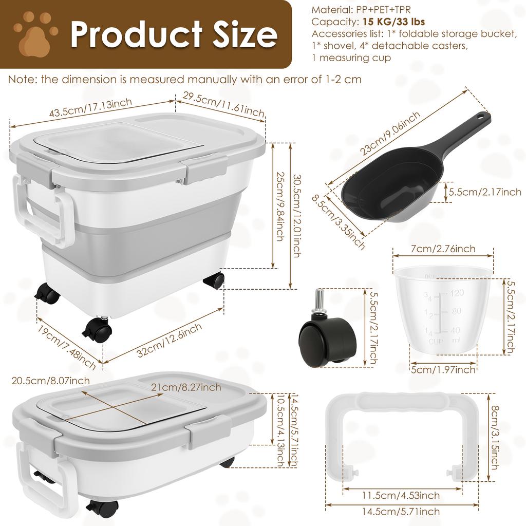 Collapsible Cat Dog Food Storage Container Large Capacity Moisture-proof Kitchen Grain Rice Storage Boxes with Removable Wheel