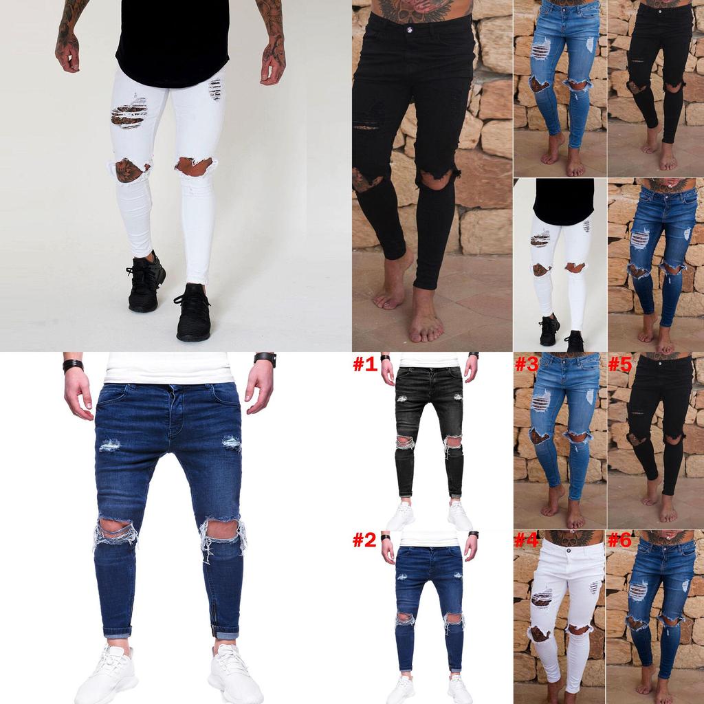 Premium Quality Slim Destroyed Stretchy Ripped Skinny Biker Jeans For Men Taped Fit Denim Pants