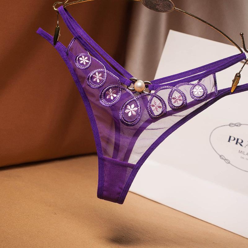 European and American Sexy Thong Women's Mesh Embroidery Transparent Temptation Cross Low Waist Hot One Thread T Panties 2240
