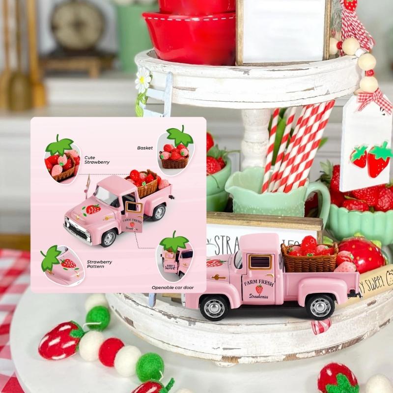 Vintage Classical Strawberry Truck Alloy Decoration Miniature Vehicle Model with Mini Faux Strawberries For Indoor Display Gift