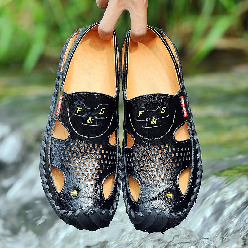 Pantofi din piele naturală pentru bărbați, sandale rezistente cu cusături lucrate manual, pantofi antiderapanți pentru interior și exterior, plajă