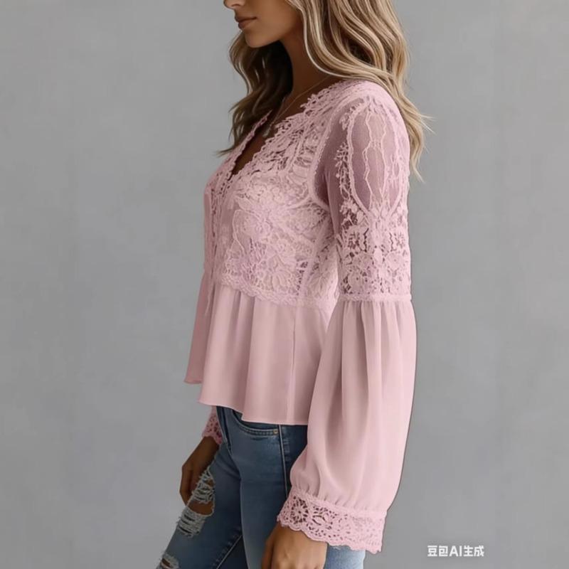 Elegant Lace Splice Hollow Out Fashion Blouse Women V Neck White Shirt Long Sleeve Sweet Casual Loose Tops Ladies Ruffled Pleated Simple Clothing