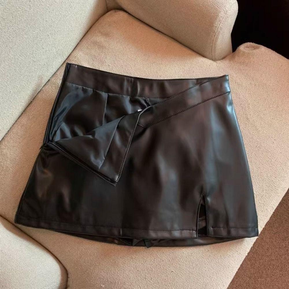 Waterproof Short Mini Skirts Split High Waist A-line Skirt Harajuku PU Leather Skirt  Lady