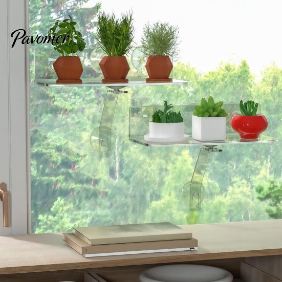 Kitchen Window Herb Stand Sill Plant Shelf with Strong Suction Cups, Clear Acrylic Wall Small Item Display Rack Mounted Floating Ledge, for