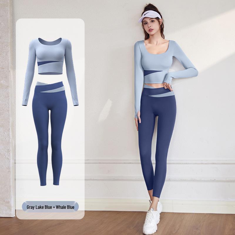 Damen Frühling Colorblock Yoga Set - Nude Feeling Enges Top & Langarm, Brustpolster, Modehose zum Laufen und für Fitness