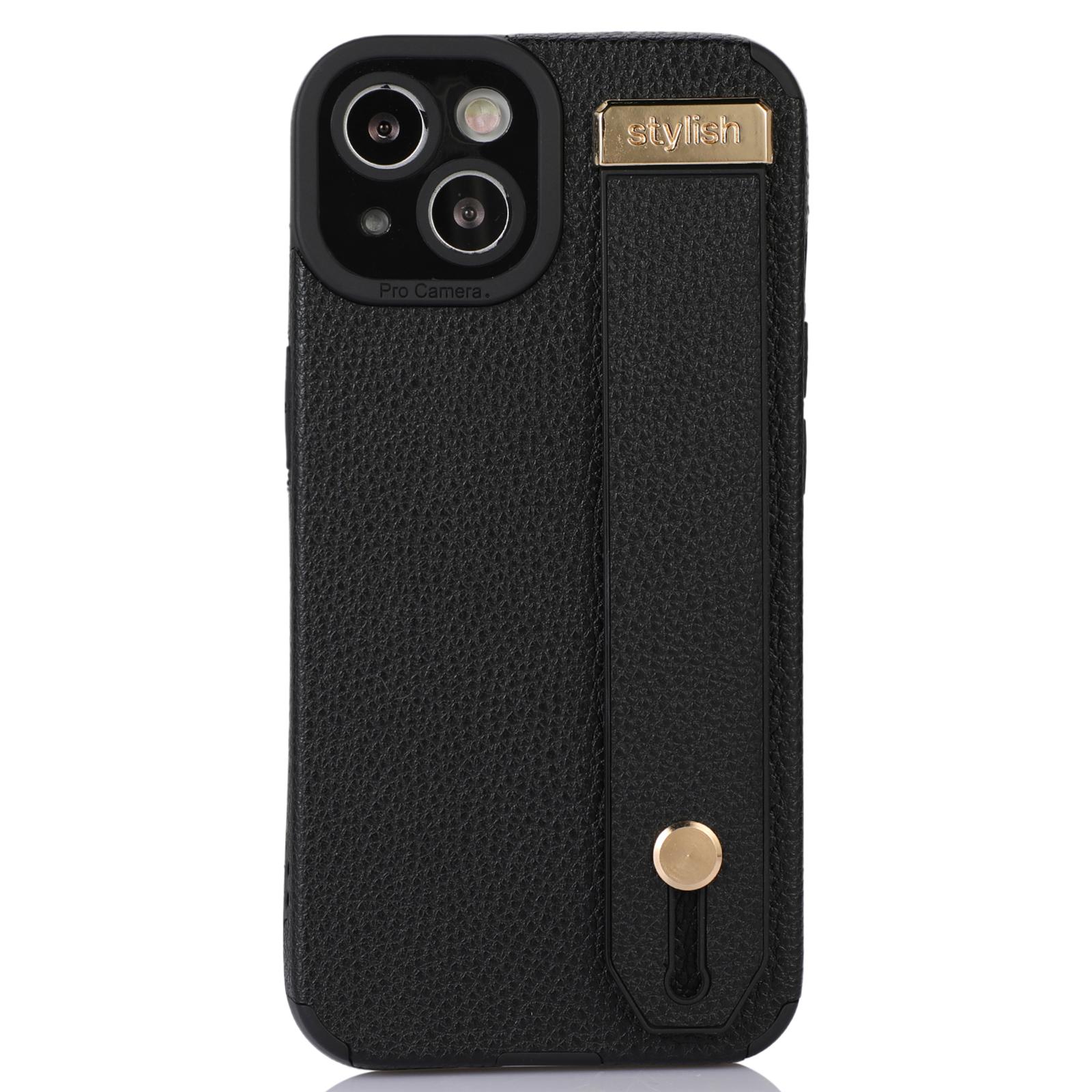 

For iPhone 13 Case Kickstand Wrist Strap Textured PU Leather+TPU Phone Cover Black
