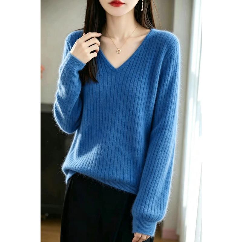 Women S V Neck Long Sleeve Wool Knit Pullover Slim Fit Fall Winter Inner Top