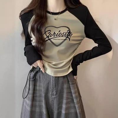 Women's Color Block Raglan T-Shirt: Round Neck, Long Sleeve, Drawstring Waist, Slim Fit, Autumn Versatile Top