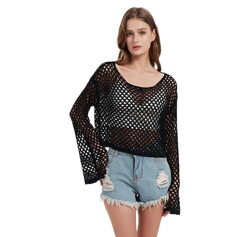 

Свитер с короткими рукавами-колокольчиками, ажурные вязаные свитера, женская одежда XL чёрный