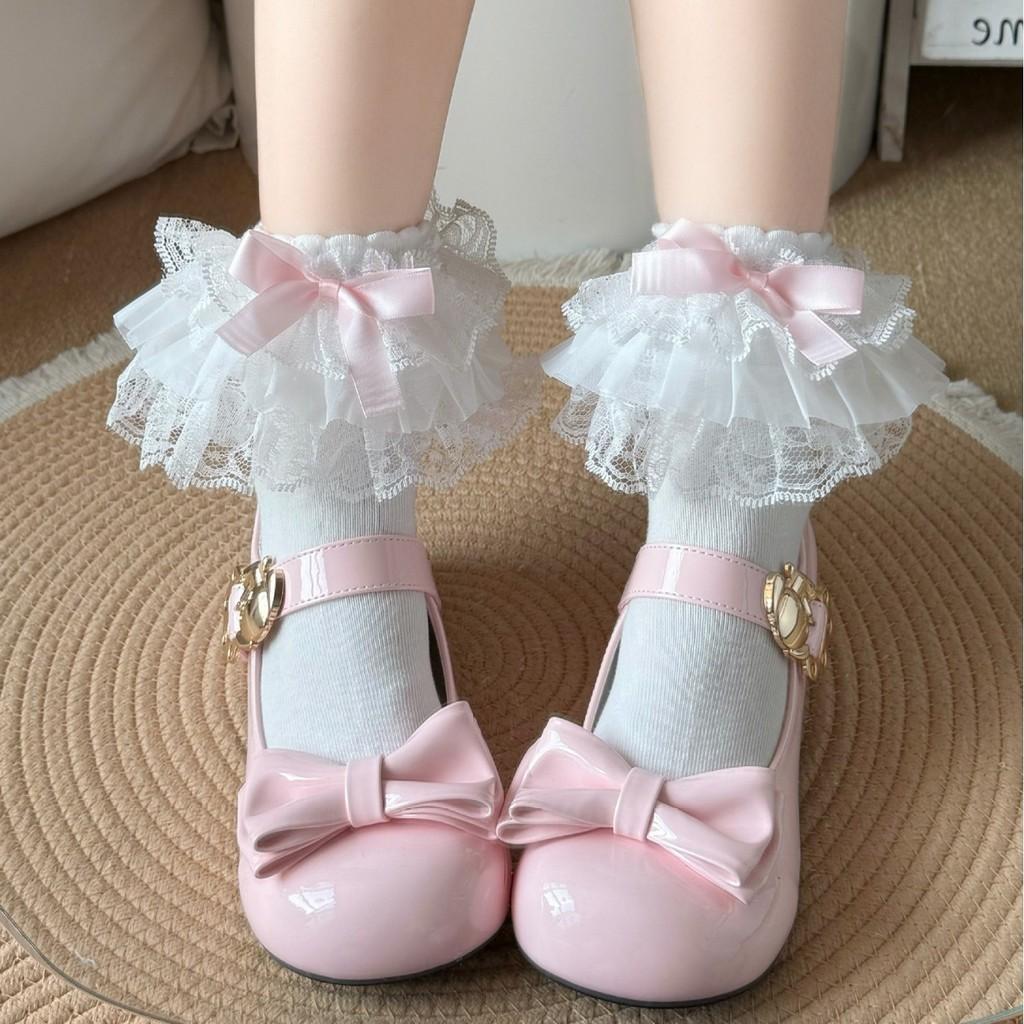 Cute Lolita Short Cotton Socks With Bow Embellishments For Teens