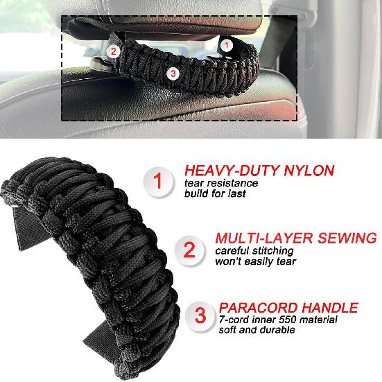 Paracord Headrest Grab Handles for Jeep Tacoma Bronco,Heavy-Duty Back Seat Grab Handles (Black)