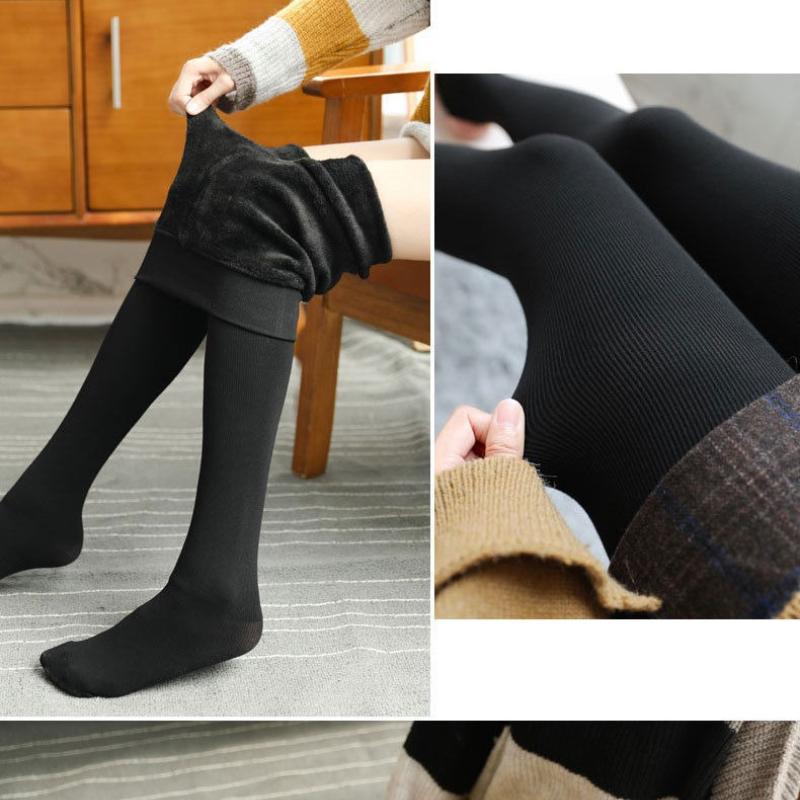 Spring Autumn Winter Women's High Waist Plus Size Vertical Stripe Fleece Lined Thickened Slimming Outer Wear Pantyhose