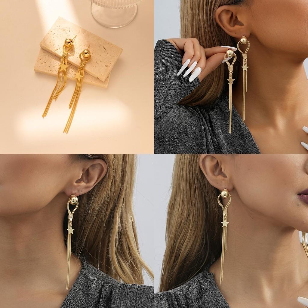 Chic Long Geometric Star Earrings Womens Gold Plated Tassel Statement Jewelry