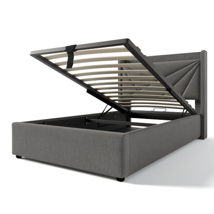 Lit simple 90x200 avec tête de lit à chargement USB de type C, lit de rangement (sans matelas)