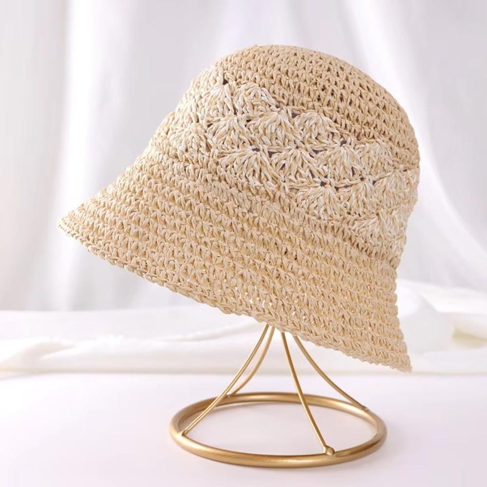 Casual Large Brim Woven Hat Breathable Foldable Straw Hat Sun Protection Hollow Out Bucket Hat Outdoor Sunscreen