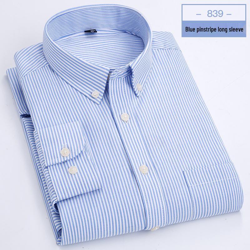 Men's Oxford Cloth Button-Down Shirt - All-Season, Long-Sleeved, Contrast Collar, Casual Cardigan Style for Middle-Aged and Elderly