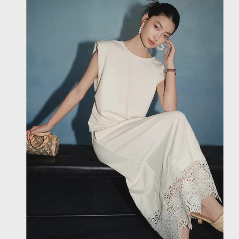 

Комплект из женской европейской футболки и юбки без рукавов с открытой спиной и кружевом Nanyou Extra Large