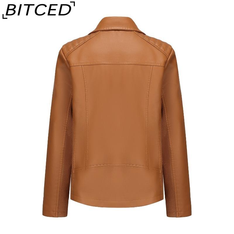BITCED Fashion Women's Leather Jacket, Short Leather Jacket, Knitted Patchwork Stretch Coat