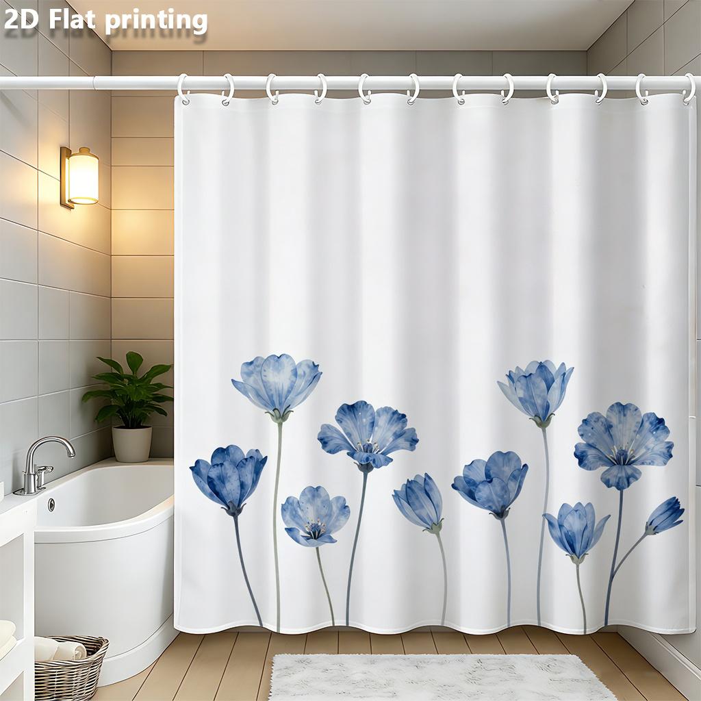 

Blue Watercolor Flower Shower Curtain 1Pc Polyester 2D Flat Print 70.8X70.8 Grommet Top White Background W60H190(CM)-1 Pcs