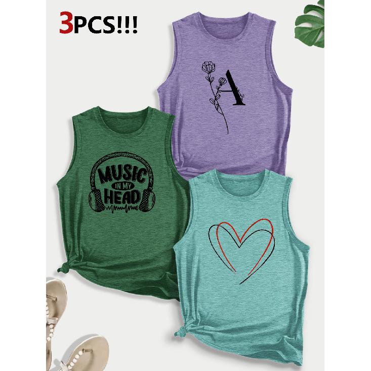 Music-themed Letter and Heart Combination Gift Print Pattern Round neck3Pack of Sleeveless Vests for Women In Spring, Summer, and Autumn
