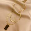 Gold Plated Stainless Steel Two Layer Herringbone Square Pendant Necklace