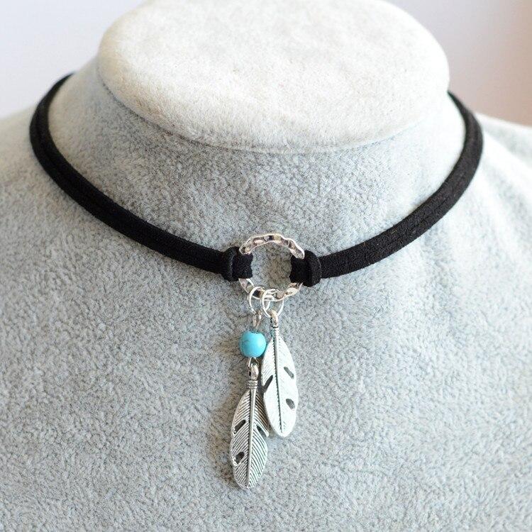 Vintage Silver Feather Pendant Necklaces Leather Choker Necklace Black Circle Collar Female Boho Party Neck Jewelry for Women