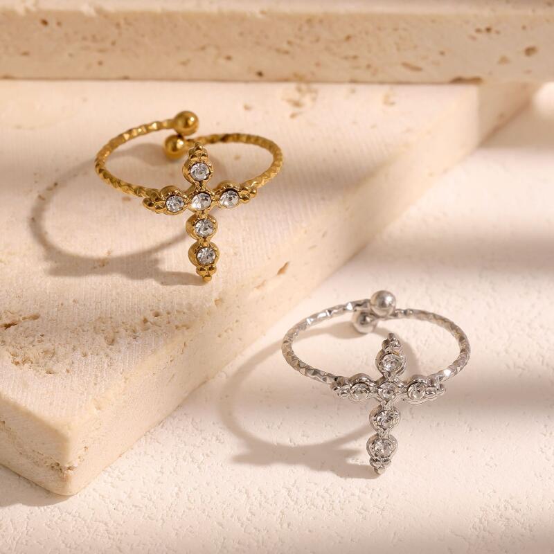Stainless Steel Cross Opening Adjustable Ring for Women Men Classic Exquisite Rhinestone Finger Ring Banquet Jewelry Accessories