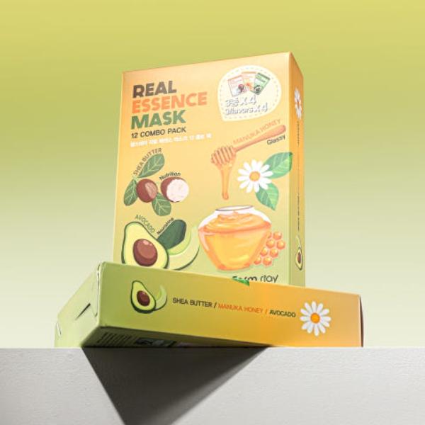 FARM STAY Real Essence Mask Combo Pack Ver.1 (1BOX / 12 Sheets) 23ml / 0.78 Fl.oz. Per Sheet  (3 Options)