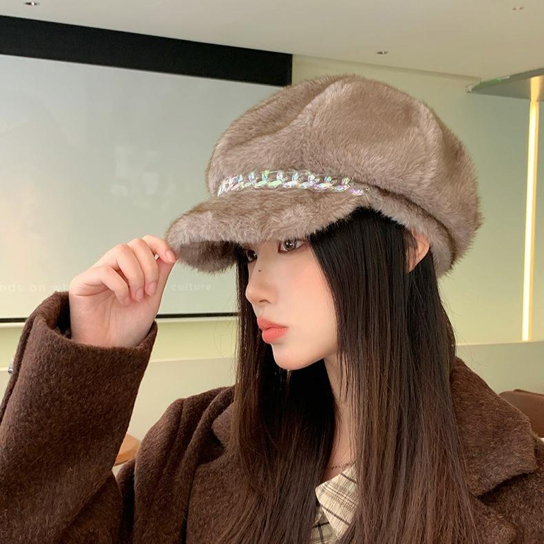 Autumn and Winter Beret Cap Women's Imitation Mink Hair Thermal Ear Protection Hat Versatile Casual Retro Octagonal Hat Painter Hat