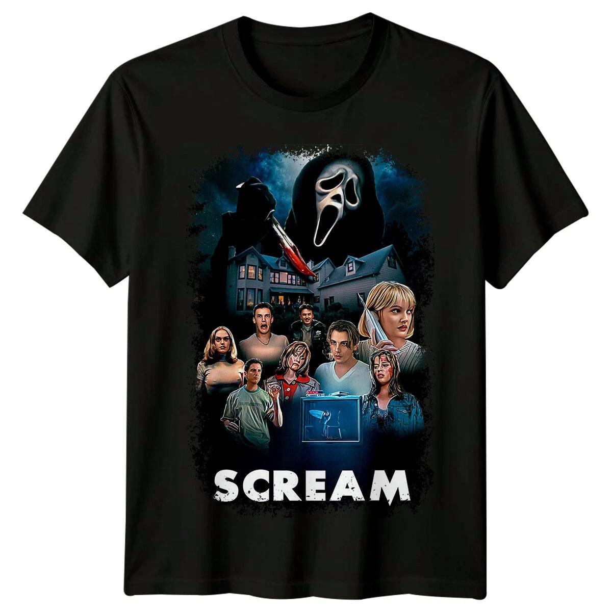 

2026 Scream 1996 Movie Poster Inspired Tshirt Retro 90s Tee Unisex Mens Round Neck Short Sleeve Tshirt XL