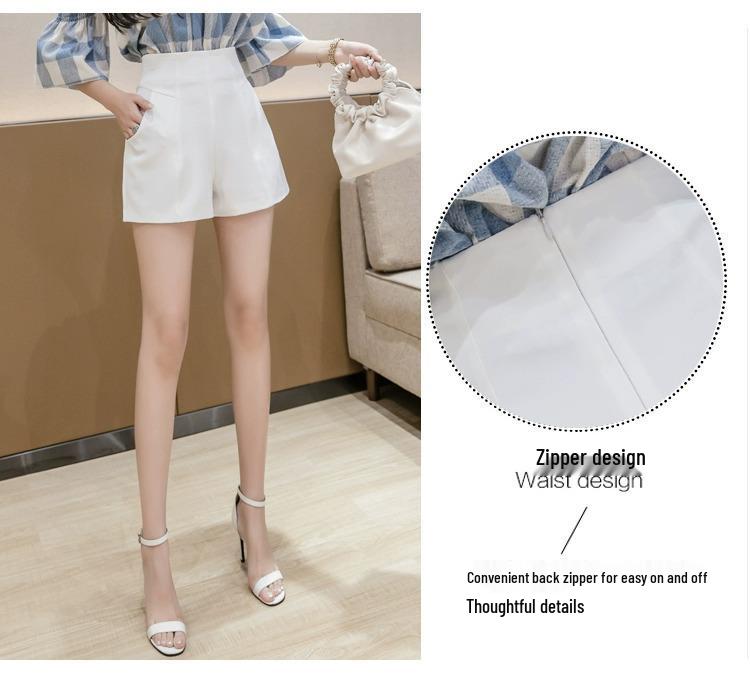 Summer 2024 Women's Black A-line High Waisted Wide Leg Suit Shorts - Korean Style