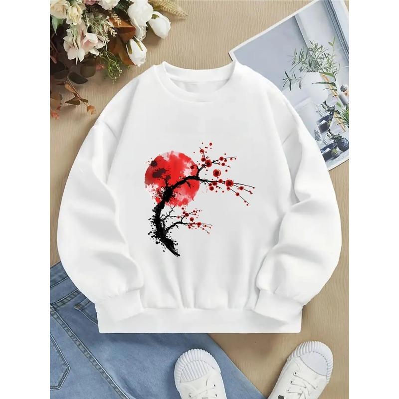 Kids Unisex Crewneck Sweatshirt, Chinese Ink Wash Red Plum Blossom Red Sun Art Print Soft Fleece Pullover For Kids Over 4 Years Old