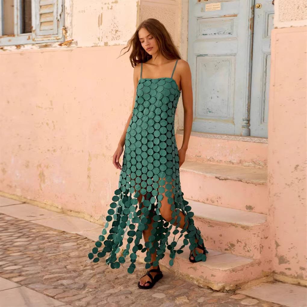 Hollow polka dot medium and long skirt 2026 summer new fashion high waist fringed high sense irregular suspender skirt