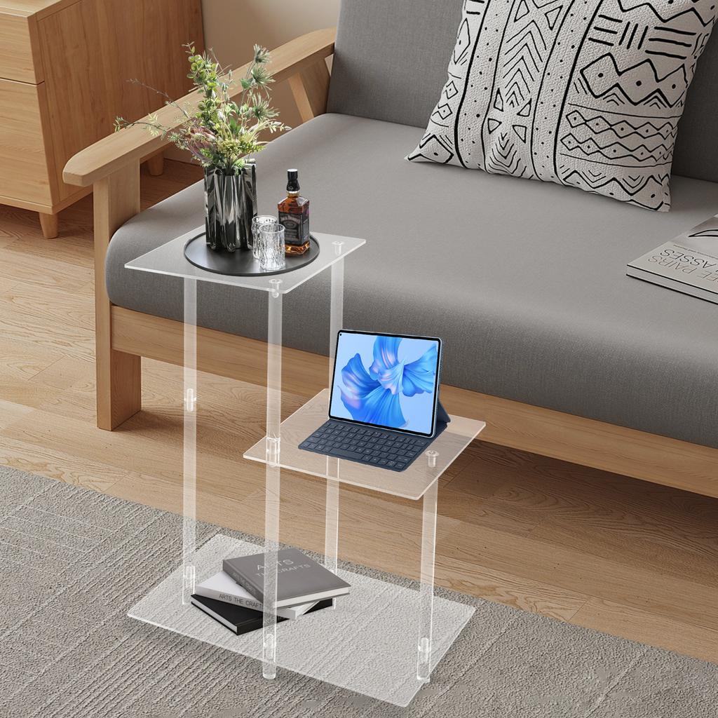 Office Clear Square Side Table with 3-Tier Open Storage Shelf - Modern PC Material Bedside Table for Books,Toys(11 Lbs Capacity)