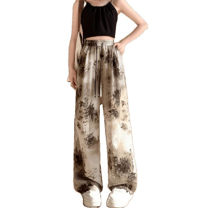 Chinese Style Ink Wash Tie-Dye High-Waisted Wide-Leg Ice Silk Pants for Women