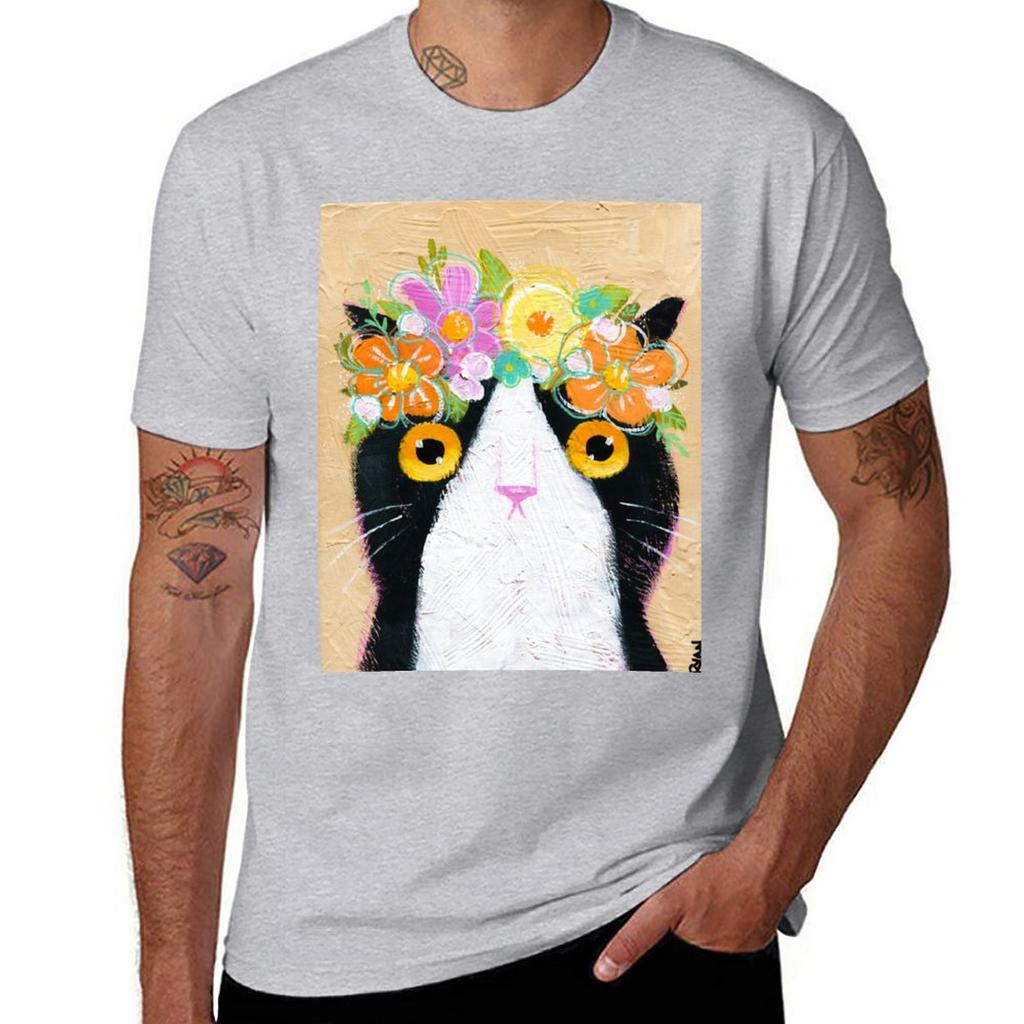 Kittys Flower Crown TShirt Aesthetic Clothes Customs for a Boy Black Tshirts for Men